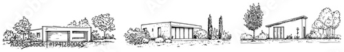 hand drawn sketch collection of modern minimalist single story houses