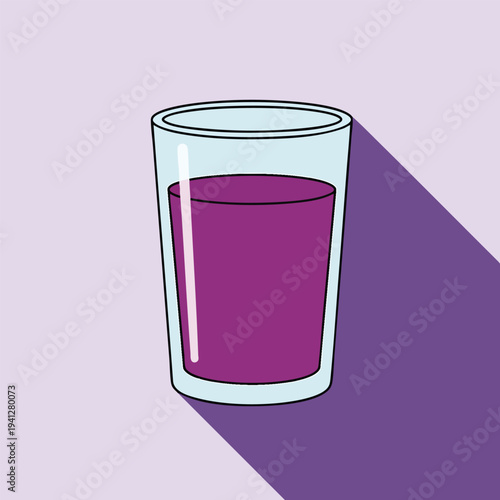 A cartoon glass filled with a deep purple liquid, set on a lilac background. A long, dark shadow creates a contrasting design element