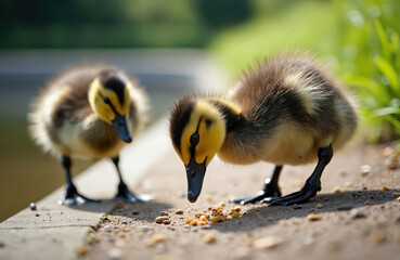 Two fluffy baby geese forage for food near water. Small ducklings with yellow and brown feathers eat crumbs on a path. Young goslings explore outdoors by lake.