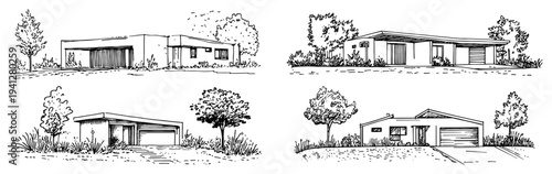 Various hand drawn sketches of modern minimalist residential buildings surrounded by nature