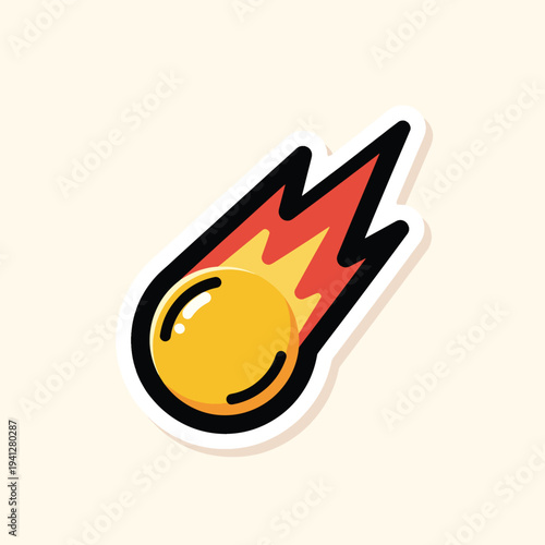 A cartoon depiction of a yellow meteor with a fiery trail, outlined in black and white against a cream-colored background