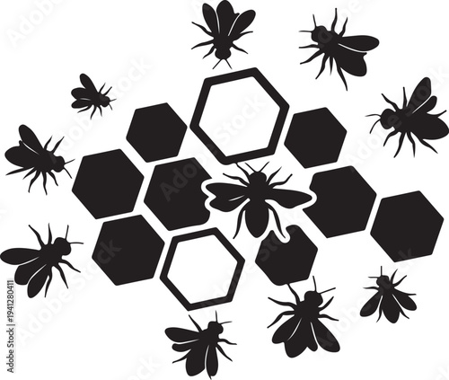 Black bees and honeycomb silhouettes on white background illustration