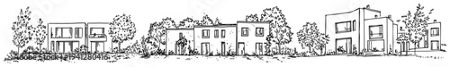 Panorama view of modern townhouse complex in an architectural hand drawn style