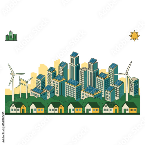 Green Energy City Illustrations of Solar, Wind, and Sustainable Urban Life.
