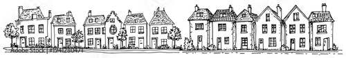 hand drawn row of traditional European style townhouses and homes