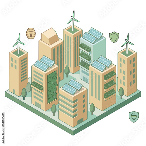 Green Energy City Illustrations of Solar, Wind, and Sustainable Urban Life.