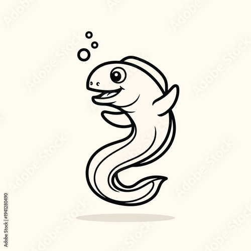 A cartoon drawing of an eel-like fish with a smiling face and bubbles. The style is simplistic with bold outlines, suggesting animation
