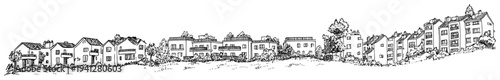 Hand drawn panoramic architectural sketch of a long row of traditional european houses on a hill