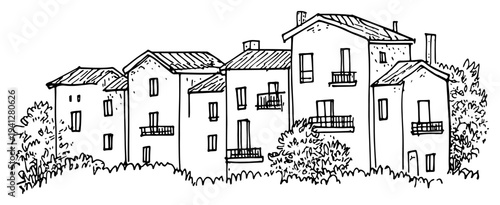 sketch illustration of a cluster of Mediterranean style residential buildings