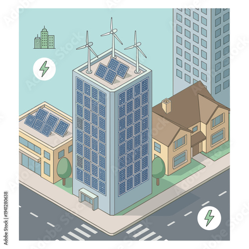 Green Energy City Illustrations of Solar, Wind, and Sustainable Urban Life.