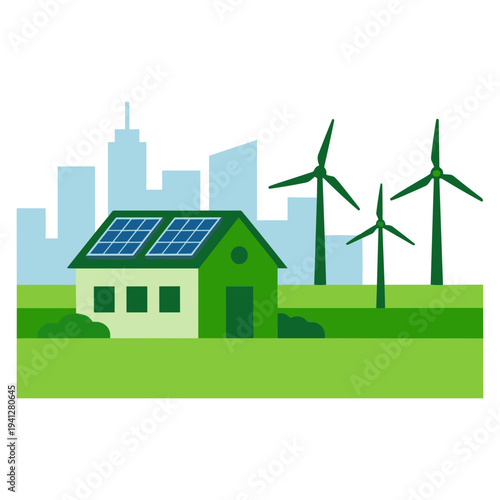 Green Energy City Illustrations of Solar, Wind, and Sustainable Urban Life.