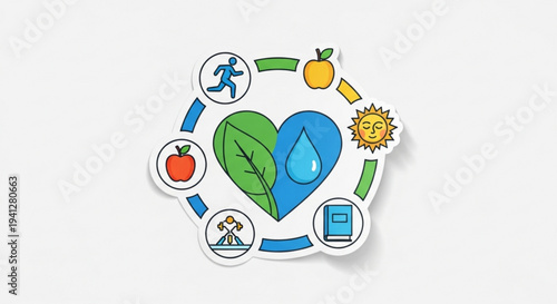 Eco friendly lifestyle icons surrounding heart shaped leaf and water droplet symbol on white background