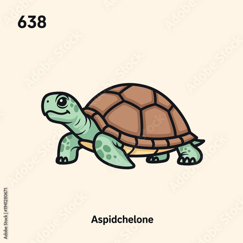 A cartoon drawing of a tortoise or turtle with a brown and tan patterned shell, green skin and black outlines.  It has a cheerful expression