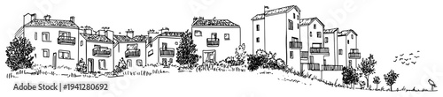 Hand drawn architectural sketch of a mediterranean style village with houses and balconies