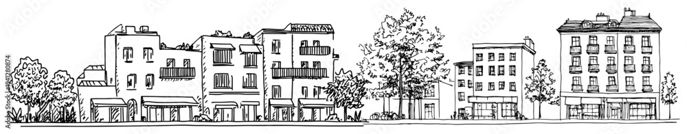 Obraz premium Panoramic hand drawn sketch of a busy city street with mixed use buildings and trees