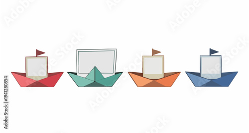 Paper ship photo frame set vector with four origami boats and picture placeholders