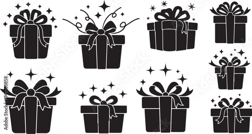 Black gift boxes with bows and stars on white