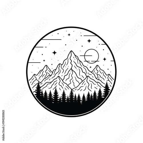 Minimalist Mountain Vector Art: Forest and Starry Night Sky Landscape Circle Emblem