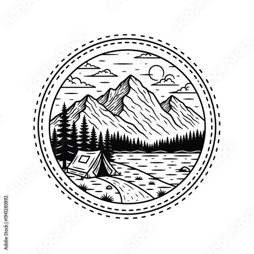 Scenic Mountain Landscape Camping Illustration with Forest and Lake - Vintage Outdoor Adventure Design
