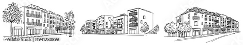 Set of architectural sketches showing urban residential street scenes with balconies and shops