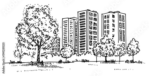 Hand drawn architectural sketch of tall residential apartment blocks behind a large tree
