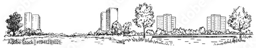 Hand drawn panoramic architectural sketch of modern apartment buildings across a park area