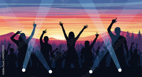 People dancing at outdoor music festival at sunset with colorful sky and spotlights