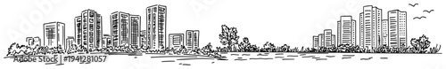 Hand drawn panoramic city skyline sketch with modern office buildings and water front trees