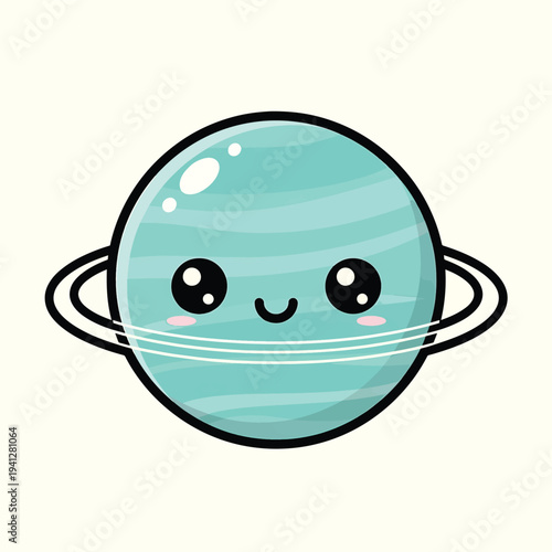 A cartoon illustration of a celestial body with a teal coloring. The planet has a happy face, a black outline, and a few rings around it