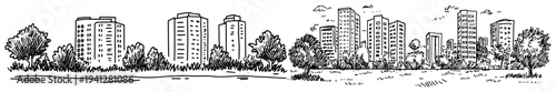 Long panoramic architectural sketch showing rows of city apartment buildings and dense trees