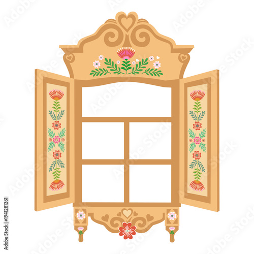 Russian window with shutters and patterns is drawn in flat style and highlighted on a white background. traditional Russian window, detail of a national Russian house. stock vector illustration.
