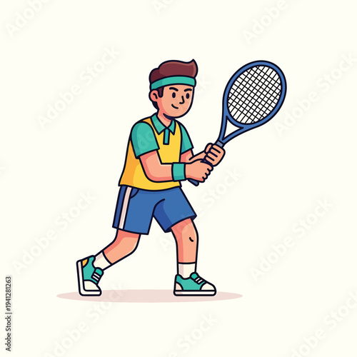 A cartoon depiction of a young tennis player, holding a racket and poised to hit a ball. He is wearing athletic attire