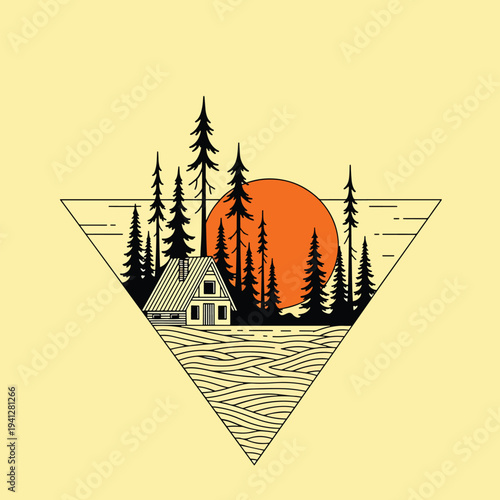 Outdoor Adventure: Rustic Cabin in a Forest with Sunset and Mountain Vibe Illustration