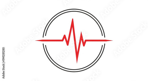 Red ecg heartbeat line graph in a black circle on white background symbolizing health and medical concepts
