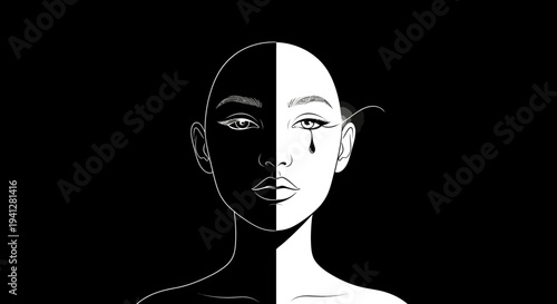 Split Face Black and White Contrast, Emotional Duality, Sadness and Light