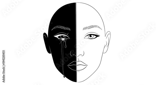 Split Face: Black and White, Sadness and Calm, Tears and Serenity