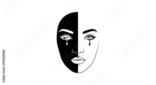 Split Face Black White Sadness Tears Emotion Duality Concept