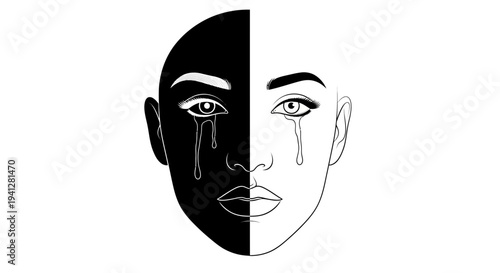 Split Face Crying Black White Contrast Emotion Sadness