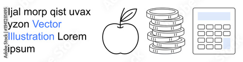 Education, finance, budgeting, nutrition, learning tools, economics. Minimalist apple, coin stack and calculator graphics. Education and finance illustrated through essential objects