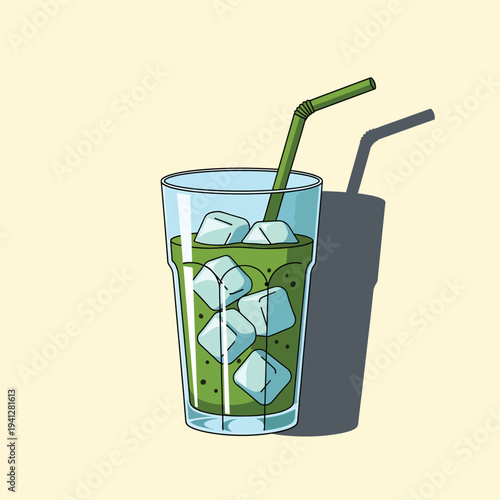 A cartoon depiction of a green drink with ice cubes, a green straw, and a shadow against a beige background