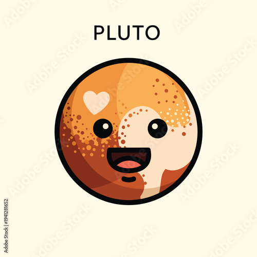 A cartoon illustration of a celestial object with a friendly, smiling face, heart-shaped marking. Text "PLUTO" is above