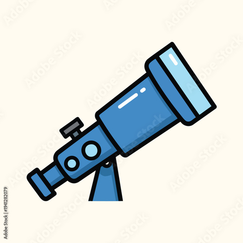 A cartoon depiction of an astronomical telescope in shades of blue with black outlines, against a cream background. It is angled for viewing
