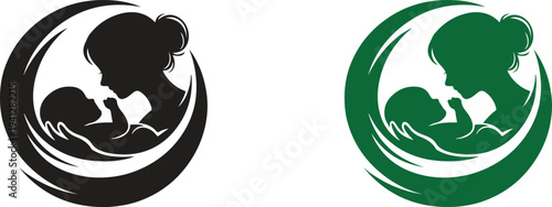 Mother holding newborn baby inside circular love shape, motherhood care and maternal bond concept, minimalist black silhouette vector isolated on white background