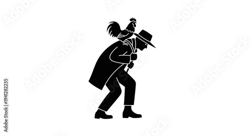Silhouette of a farmer carrying a rooster on his shoulder, walking.