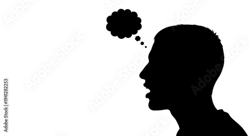 Silhouette of a man thinking with a thought bubble, isolated on white background