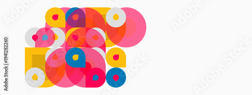 Colorful overlapping circles create abstract composition. Bright hues dominate white background, forming dynamic visual pattern.