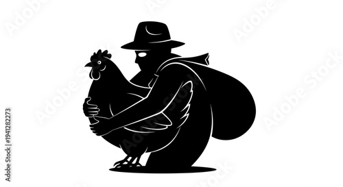 Silhouette of a thief in a hat stealing a chicken, carrying a sack
