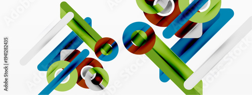 Abstract composition featuring colorful cylindrical shapes intersecting, creating dynamic visual effect. Clean lines, modern aesthetic.