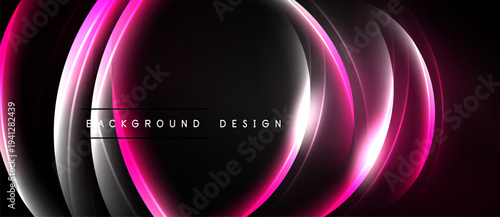 Abstract design features glowing curved lines, pink hues, dark background. Modern aesthetic, dynamic composition, simple elegance.