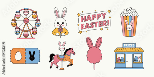 A colorful Easter-themed vector graphic illustration featuring various festive icons and symbols.